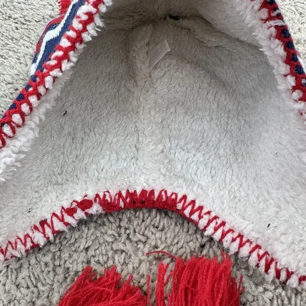 Kansas Jayhawks Beanie Zephyr Alpine Tassel Blue‎ Red Zig Zag Knit Hat Ear Flaps